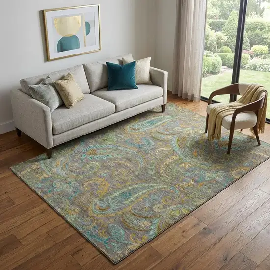 Taupe Green And Blue Paisley Distressed Washable Area Rug With UV Protection Photo 1