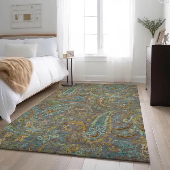 Taupe Green And Blue Paisley Distressed Washable Area Rug With UV Protection Photo 4