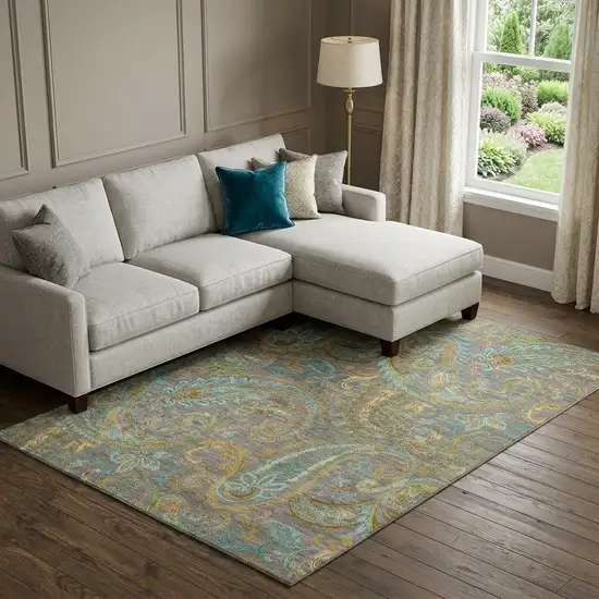 Taupe Green And Blue Paisley Distressed Washable Area Rug With UV Protection Photo 1