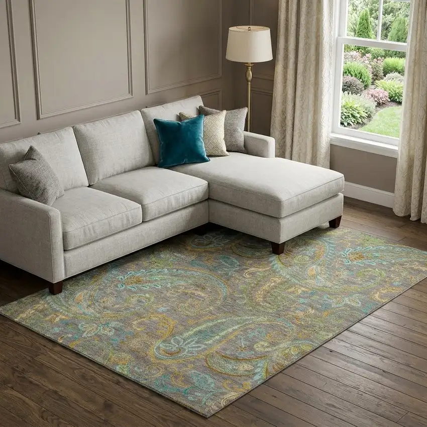 Taupe Green And Blue Paisley Distressed Washable Area Rug With UV Protection Photo 1