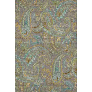 Photo of Taupe Green And Blue Paisley Washable Area Rug With UV Protection