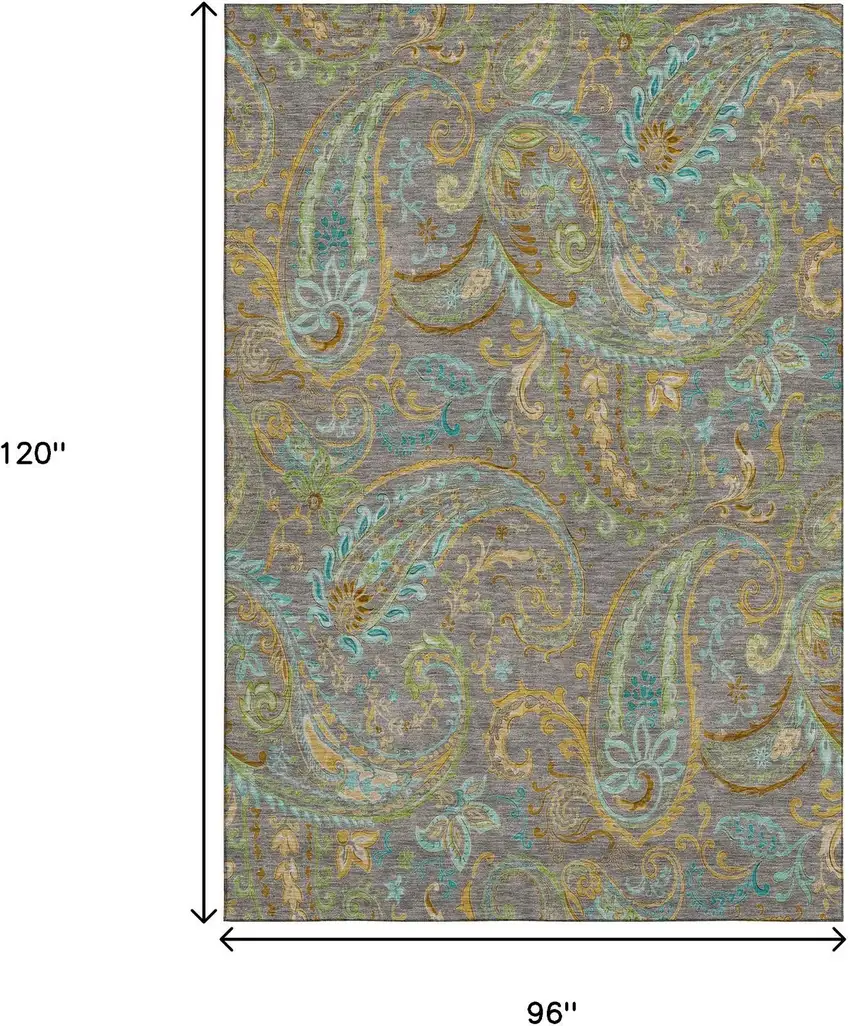 Taupe Green And Blue Paisley Washable Area Rug With UV Protection Photo 3
