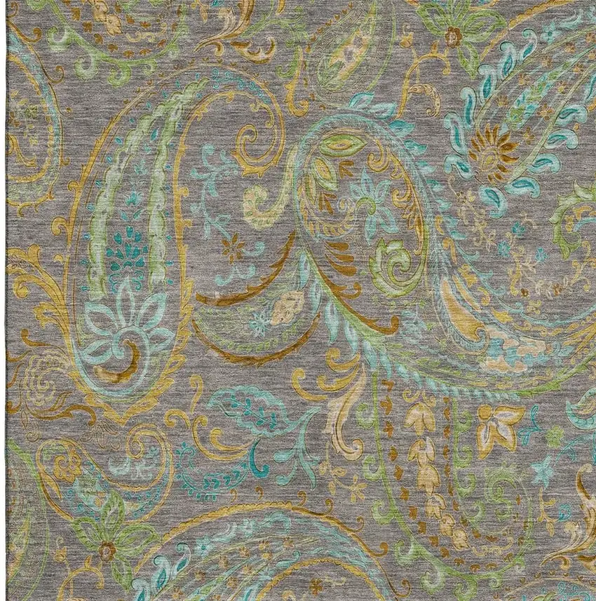 Taupe Green And Blue Paisley Distressed Washable Area Rug With UV Protection Photo 3