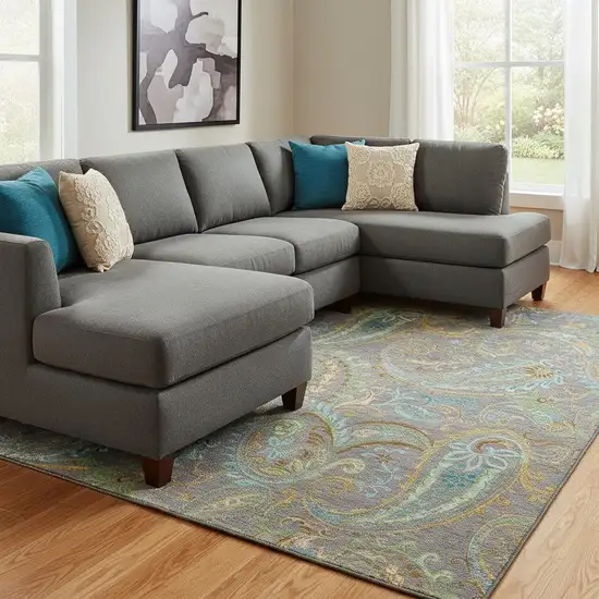 Taupe Green And Blue Paisley Washable Area Rug With UV Protection Photo 1