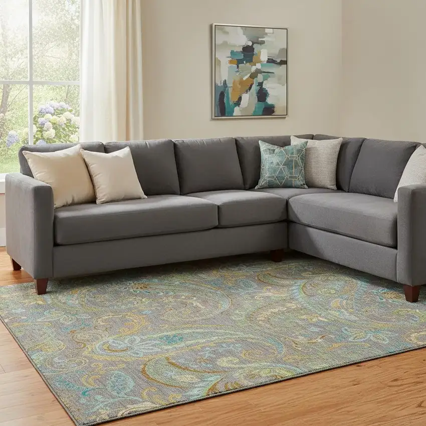 Taupe Green And Blue Paisley Washable Area Rug With UV Protection Photo 1