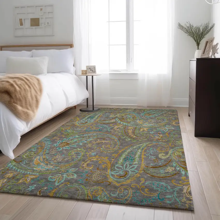 Taupe Green And Blue Paisley Distressed Washable Area Rug With UV Protection Photo 4