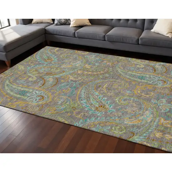 Taupe Green And Blue Paisley Washable Area Rug With UV Protection Photo 2