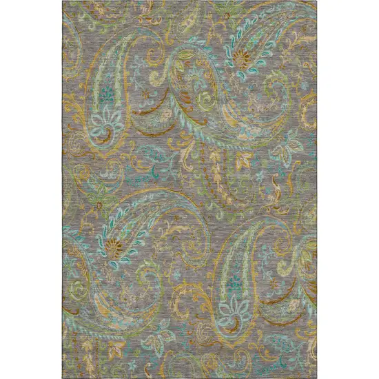 Taupe Green And Blue Paisley Washable Area Rug With UV Protection Photo 1