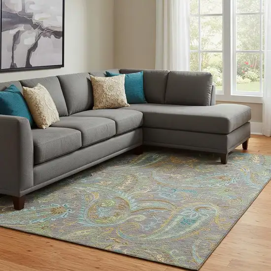 Taupe Green And Blue Paisley Washable Area Rug With UV Protection Photo 1