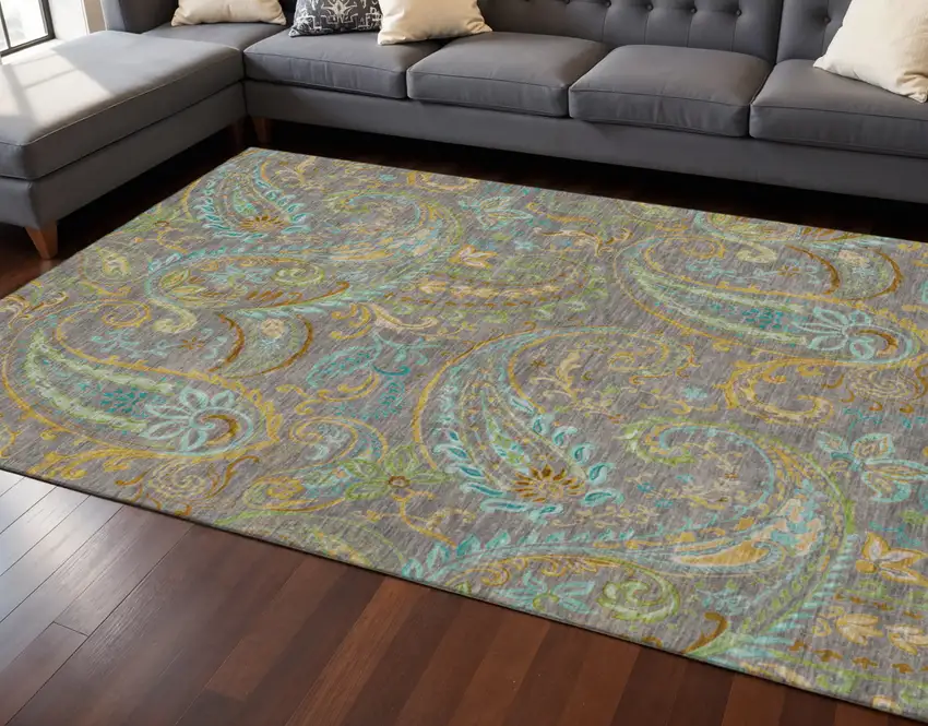 Taupe Green And Blue Paisley Washable Area Rug With UV Protection Photo 2