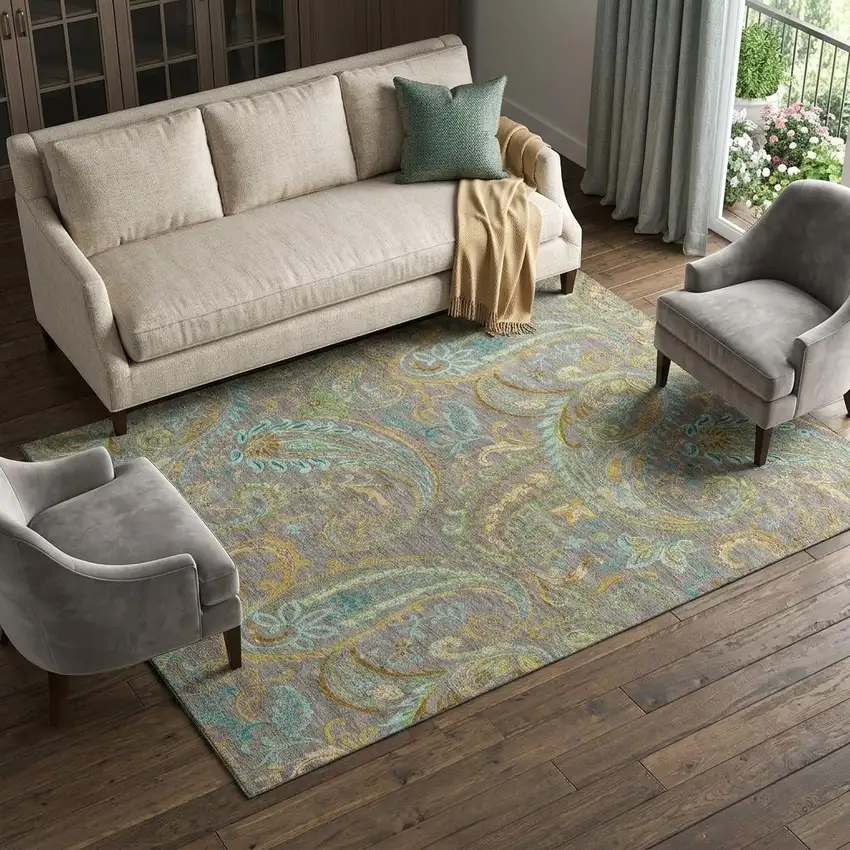 Taupe Green And Blue Paisley Washable Area Rug With UV Protection Photo 1