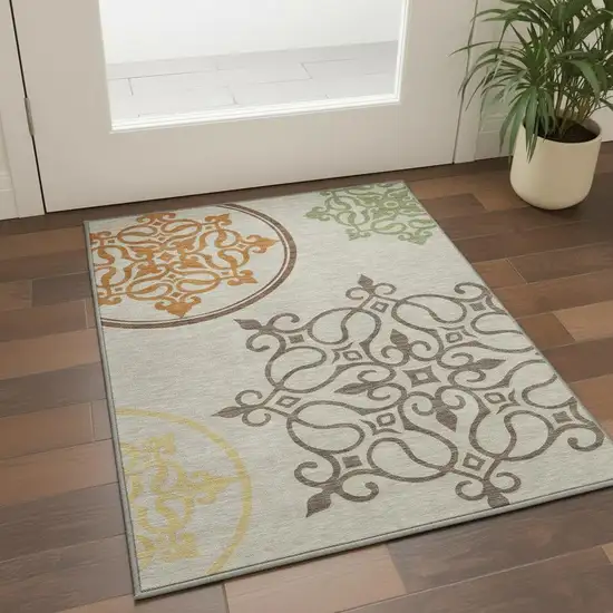 Taupe Green And Copper Floral Medallion Washable Area Rug With UV Protection Photo 2