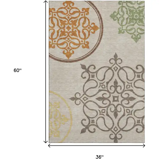 Taupe Green And Copper Floral Medallion Washable Area Rug With UV Protection Photo 3