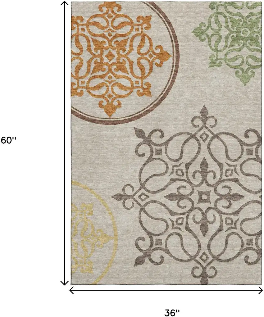 Taupe Green And Copper Floral Medallion Washable Area Rug With UV Protection Photo 3