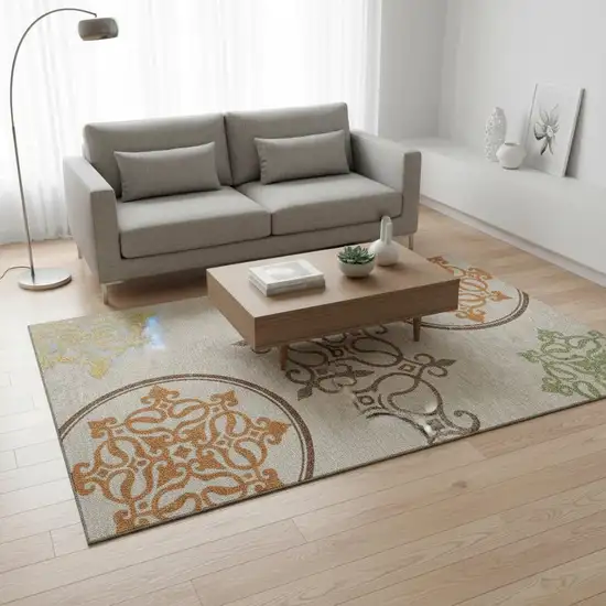 Taupe Green And Copper Floral Medallion Washable Area Rug With UV Protection Photo 2