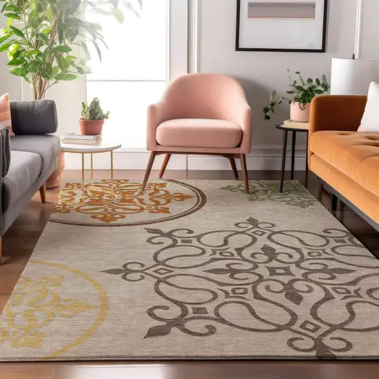 Taupe Green And Copper Floral Medallion Washable Area Rug With UV Protection Photo 5