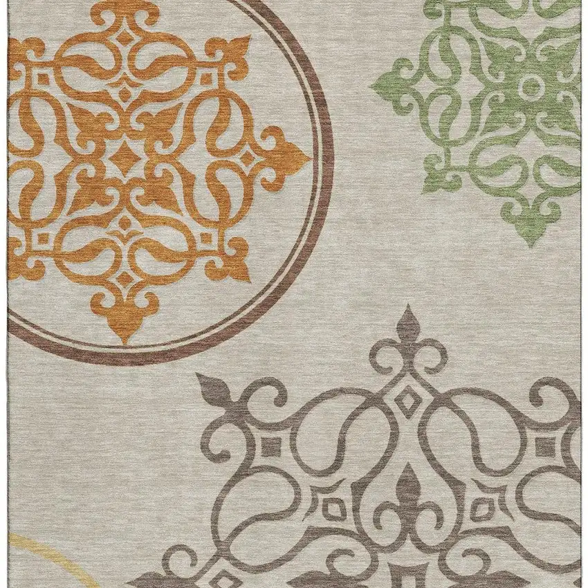 Taupe Green And Copper Floral Medallion Washable Area Rug With UV Protection Photo 3