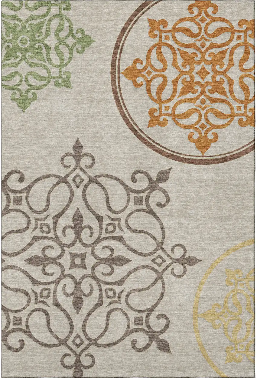 Taupe Green And Copper Floral Medallion Washable Area Rug With UV Protection Photo 4