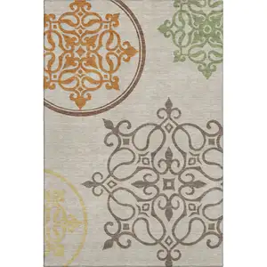 Photo of Taupe Green And Copper Floral Medallion Washable Area Rug With UV Protection