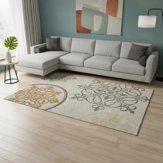 Taupe Green And Copper Floral Medallion Washable Area Rug With UV Protection Photo 2