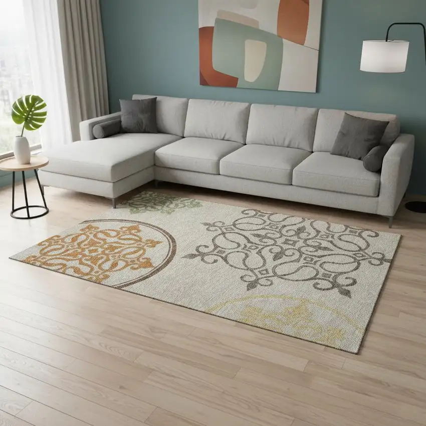 Taupe Green And Copper Floral Medallion Washable Area Rug With UV Protection Photo 2