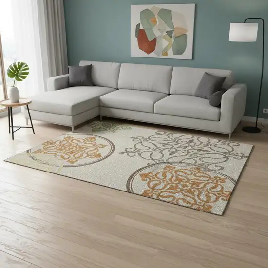 Taupe Green And Copper Floral Medallion Washable Area Rug With UV Protection Photo 2