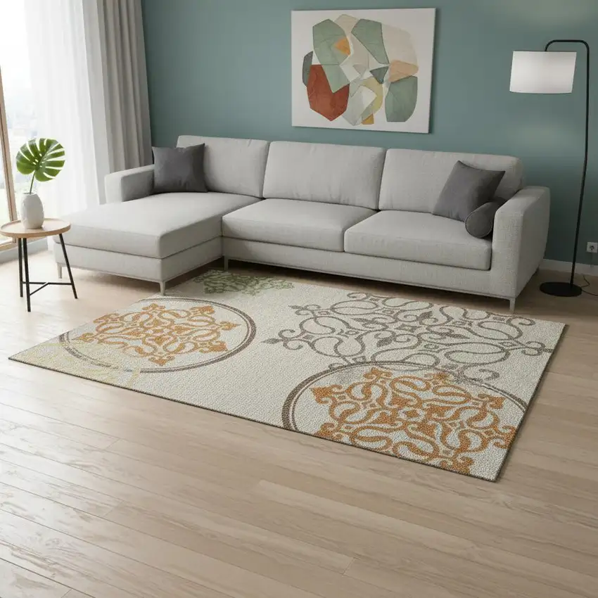 Taupe Green And Copper Floral Medallion Washable Area Rug With UV Protection Photo 2