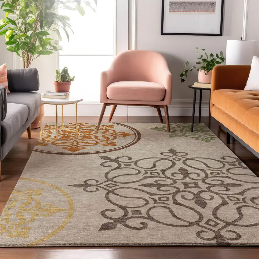 Taupe Green And Copper Floral Medallion Washable Area Rug With UV Protection Photo 5