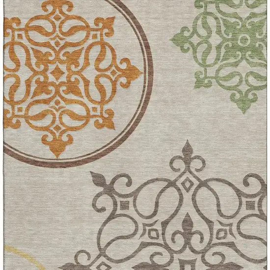 Taupe Green And Copper Floral Medallion Washable Area Rug With UV Protection Photo 4