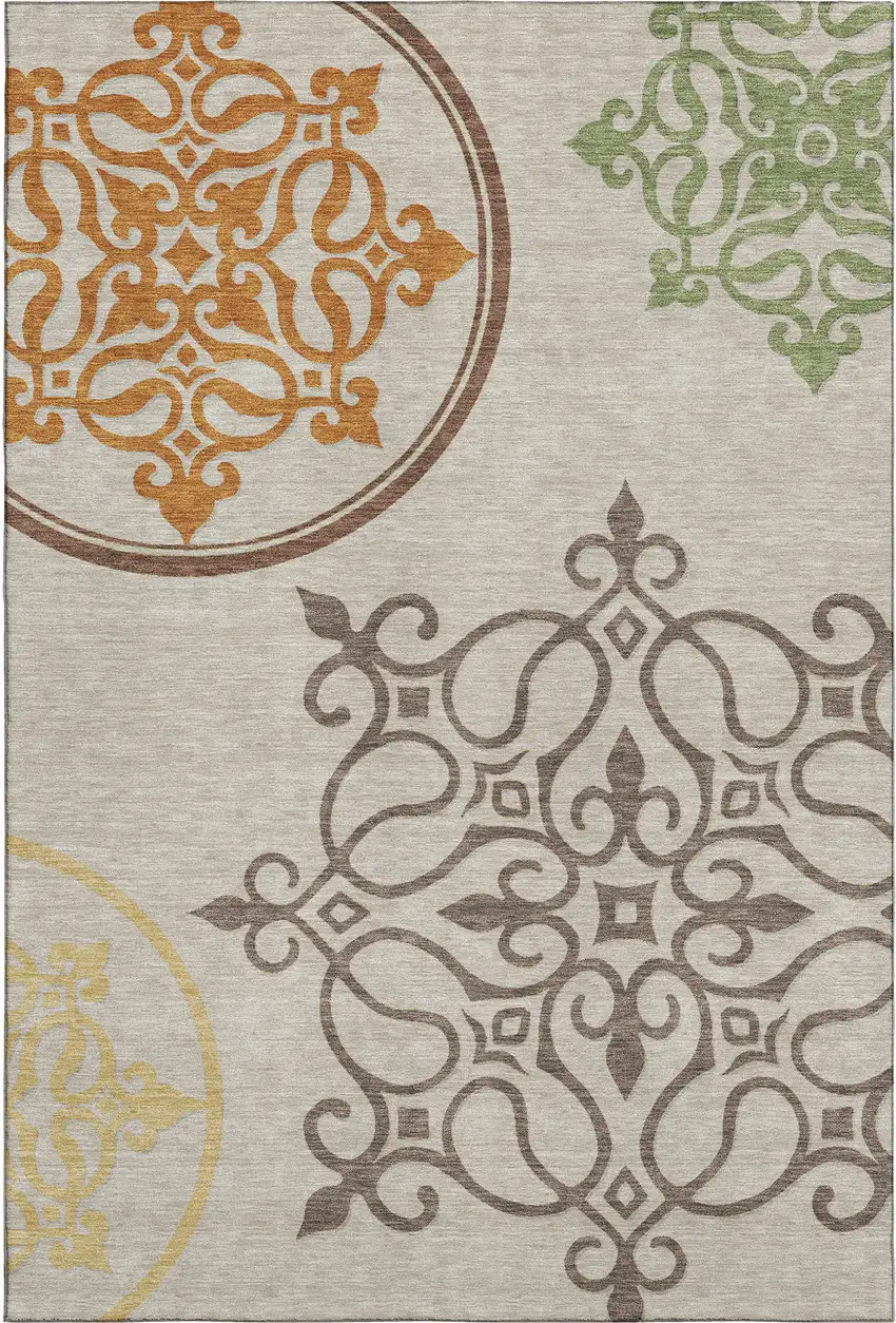 Taupe Green And Copper Floral Medallion Washable Area Rug With UV Protection Photo 1