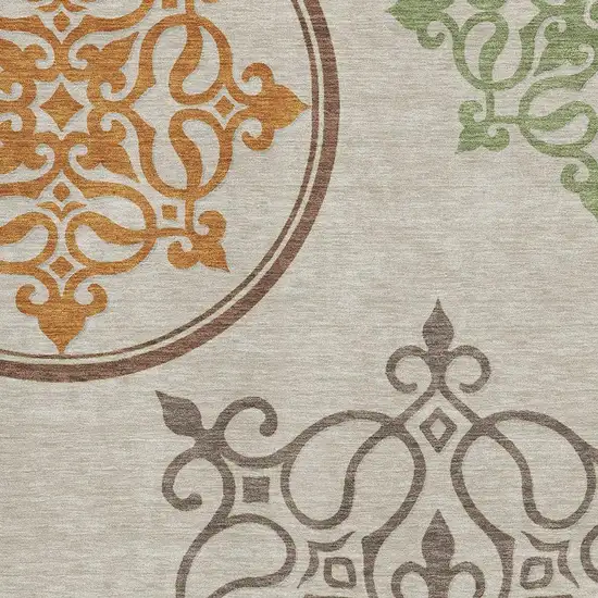Taupe Green And Copper Floral Medallion Washable Area Rug With UV Protection Photo 3