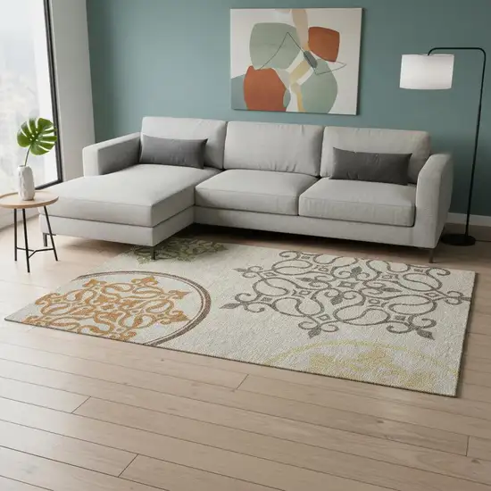 Taupe Green And Copper Floral Medallion Washable Area Rug With UV Protection Photo 2