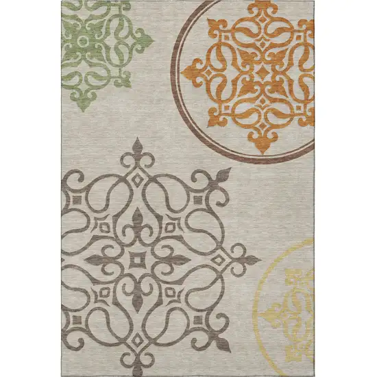 Taupe Green And Copper Floral Medallion Washable Area Rug With UV Protection Photo 3