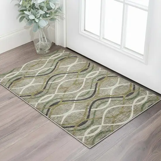 Taupe Green And Gold Abstract Washable Area Rug With UV Protection Photo 2