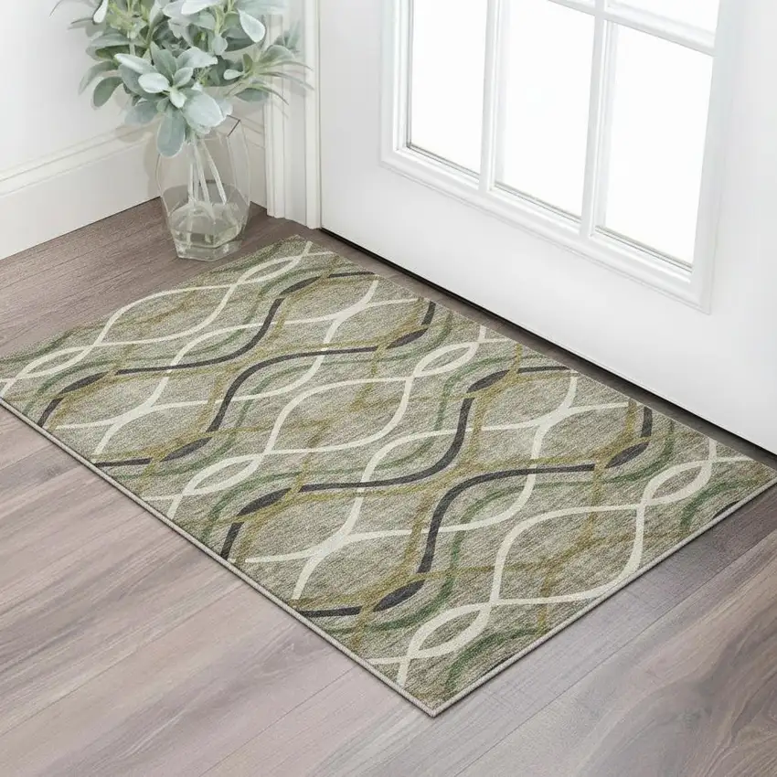 Taupe Green And Gold Abstract Washable Area Rug With UV Protection Photo 2