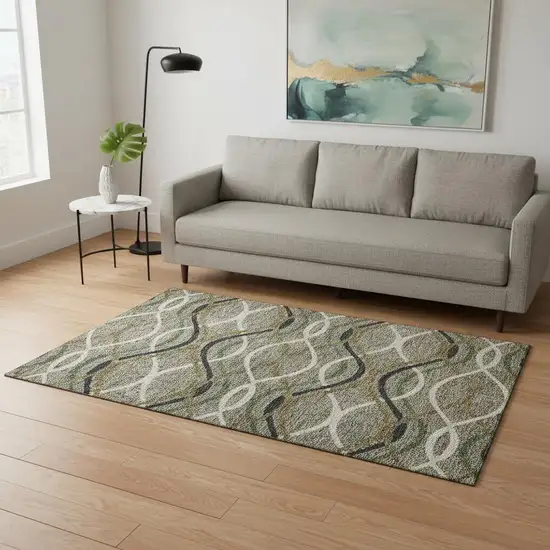 Taupe Green And Gold Abstract Washable Area Rug With UV Protection Photo 2