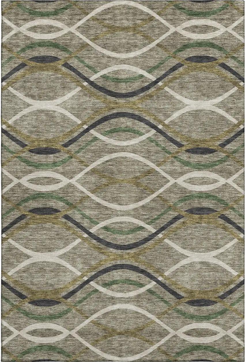 Taupe Green And Gold Abstract Washable Area Rug With UV Protection Photo 1