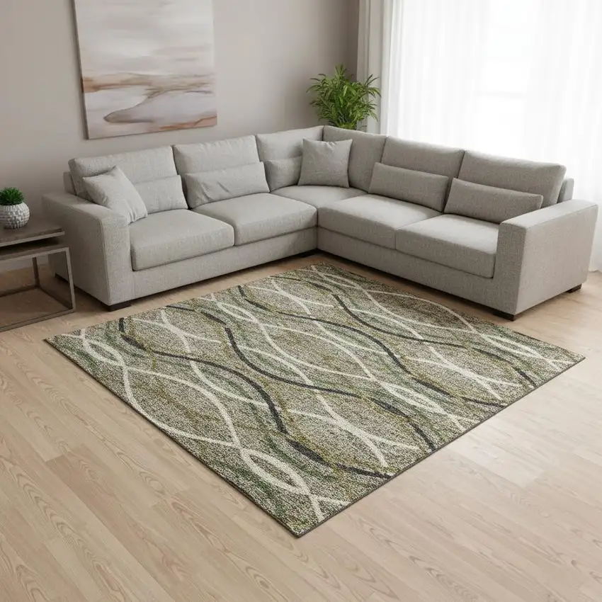 Taupe Green And Gold Abstract Washable Area Rug With UV Protection Photo 2