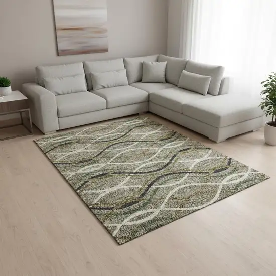 Taupe Green And Gold Abstract Washable Area Rug With UV Protection Photo 2