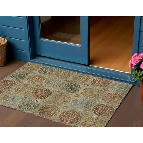Taupe Green And Gold Trellis Washable Indoor Outdoor Area Rug Photo 1