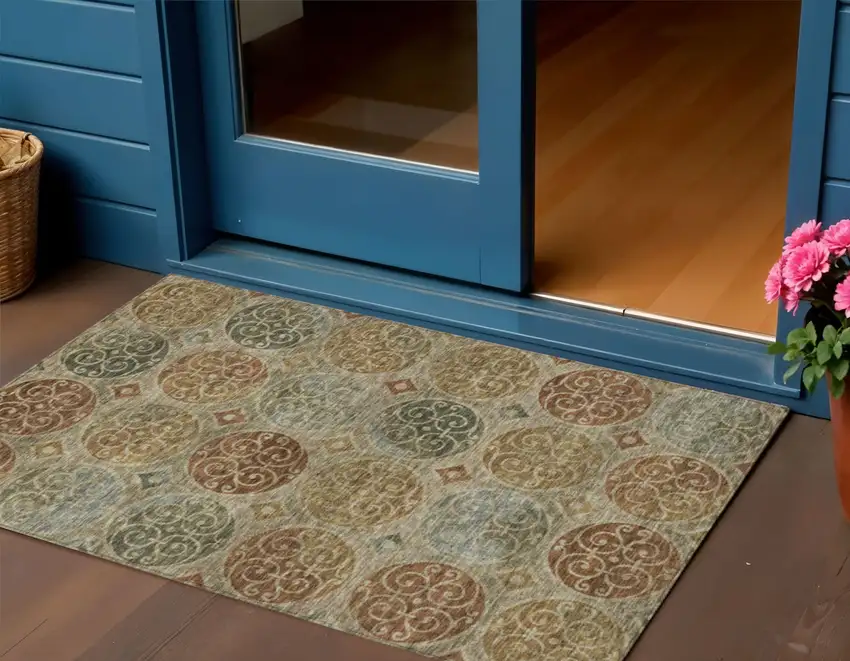 Taupe Green And Gold Trellis Washable Indoor Outdoor Area Rug Photo 1
