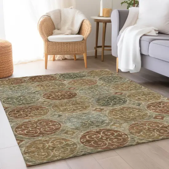 Taupe Green And Gold Trellis Washable Indoor Outdoor Area Rug Photo 8