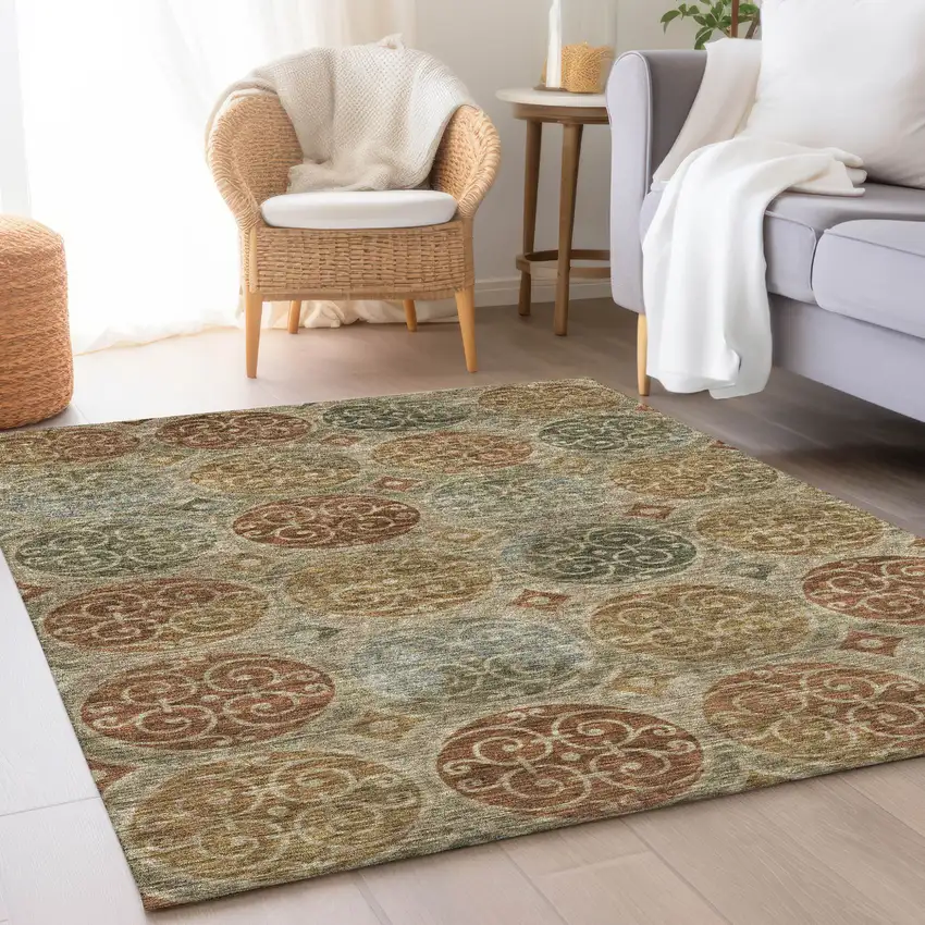 Taupe Green And Gold Trellis Washable Indoor Outdoor Area Rug Photo 8