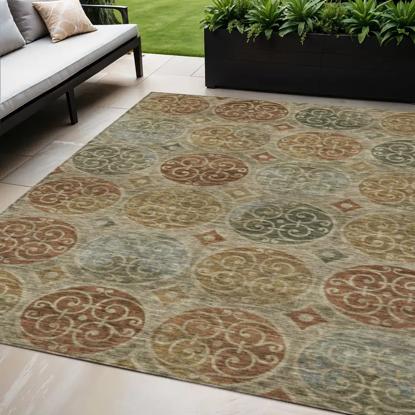 Taupe Green And Gold Trellis Washable Indoor Outdoor Area Rug Photo 1