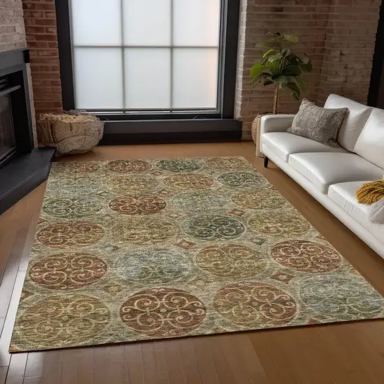 Taupe Green And Gold Trellis Washable Indoor Outdoor Area Rug Photo 9