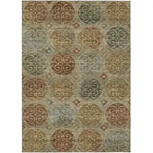 Photo of Taupe Green And Gold Trellis Washable Indoor Outdoor Area Rug