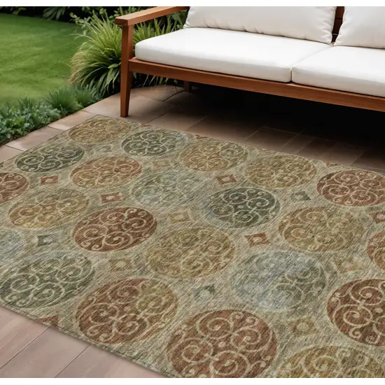 Taupe Green And Gold Trellis Washable Indoor Outdoor Area Rug Photo 1