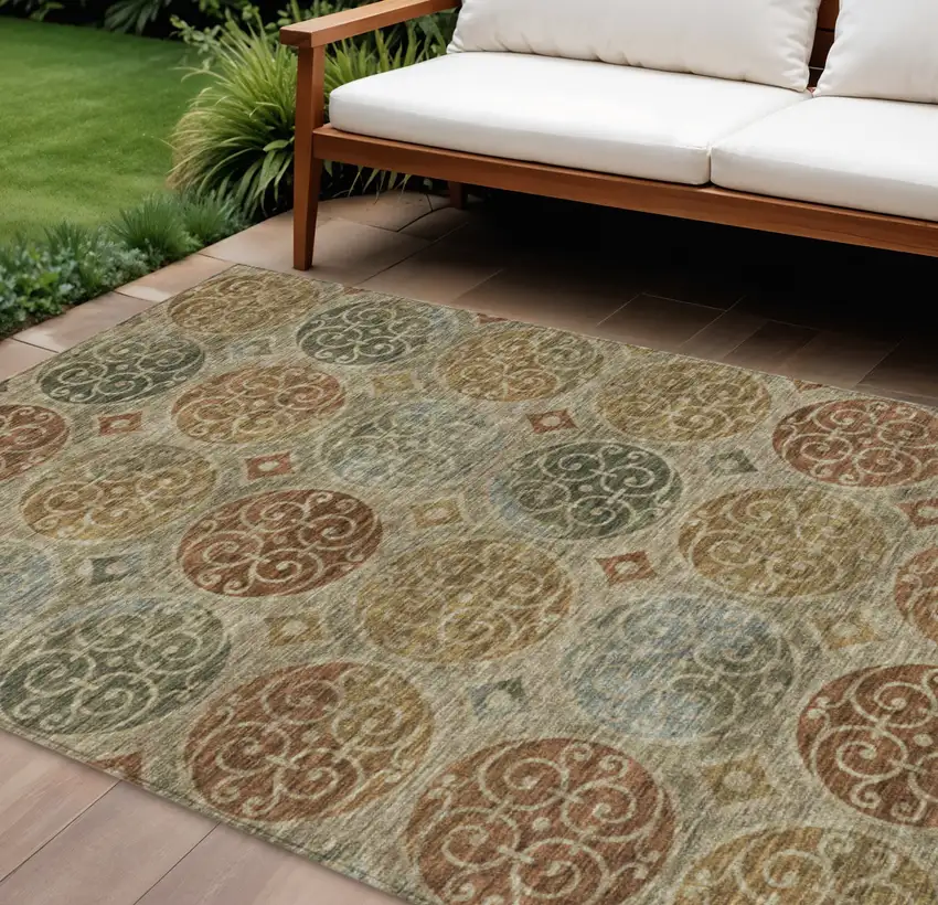 Taupe Green And Gold Trellis Washable Indoor Outdoor Area Rug Photo 1