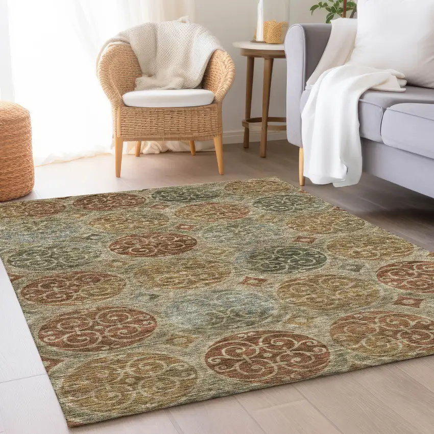 Taupe Green And Gold Trellis Washable Indoor Outdoor Area Rug Photo 9