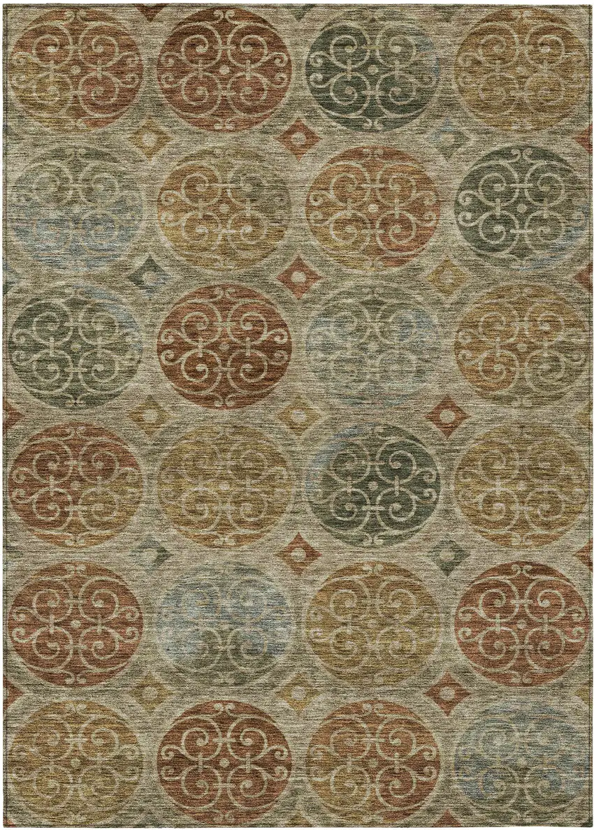 Taupe Green And Gold Trellis Washable Indoor Outdoor Area Rug Photo 2